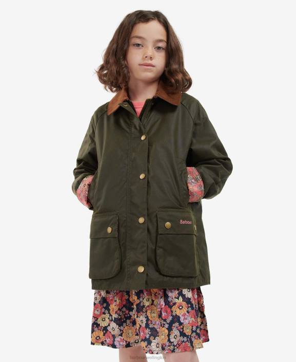 Girls Archive Olive/Retro Floral Barbour Acorn Waxed Jacket 40VB2542