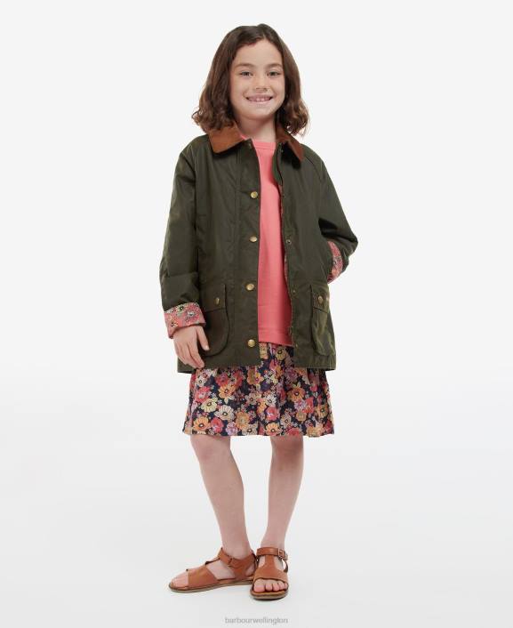 Girls Archive Olive/Retro Floral Barbour Acorn Waxed Jacket 40VB2542
