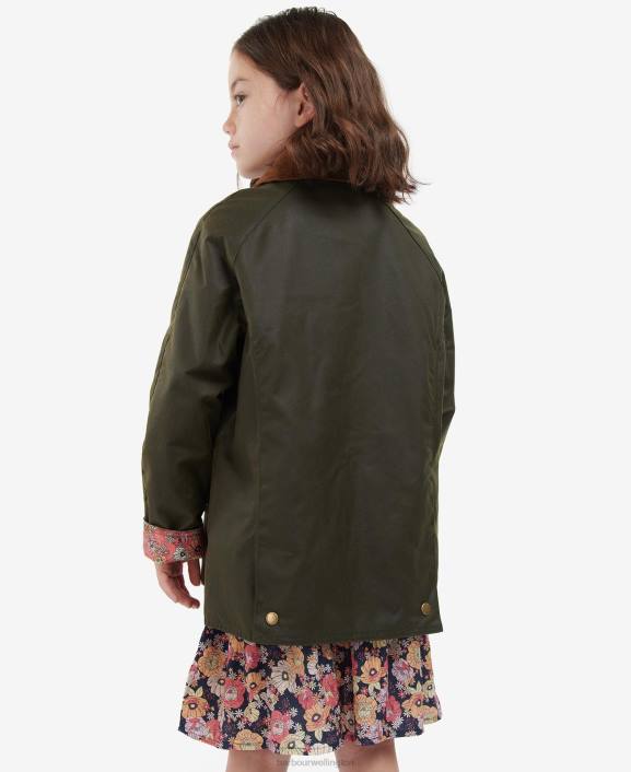 Girls Archive Olive/Retro Floral Barbour Acorn Waxed Jacket 40VB2542
