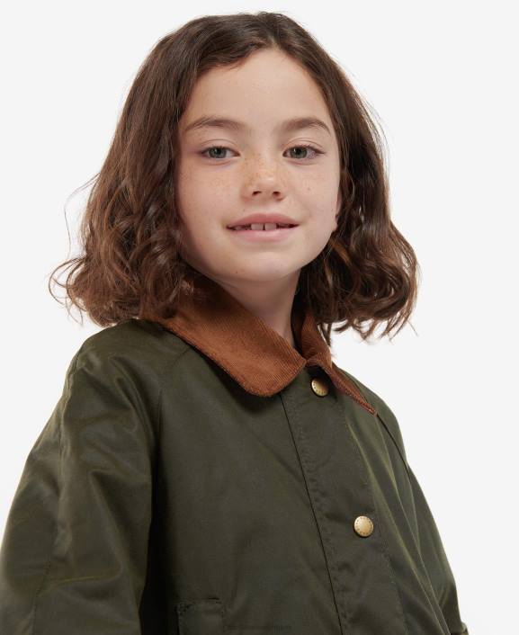Girls Archive Olive/Retro Floral Barbour Acorn Waxed Jacket 40VB2542