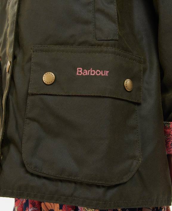 Girls Archive Olive/Retro Floral Barbour Acorn Waxed Jacket 40VB2542