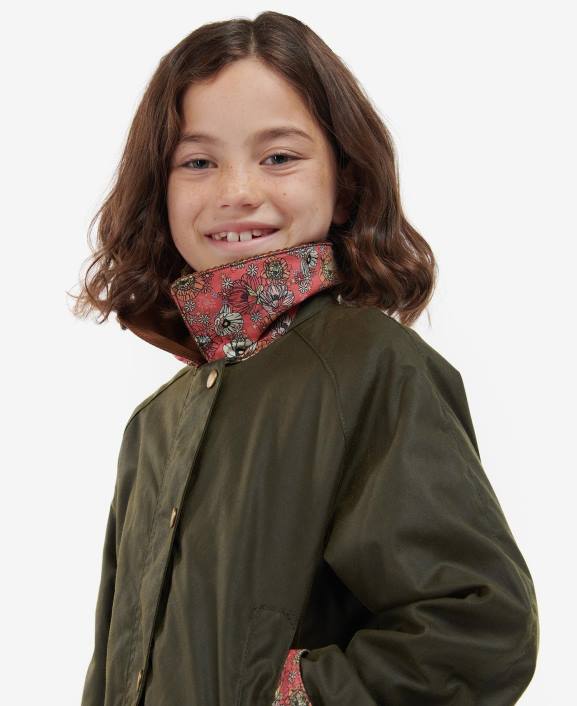 Girls Archive Olive/Retro Floral Barbour Acorn Waxed Jacket 40VB2542
