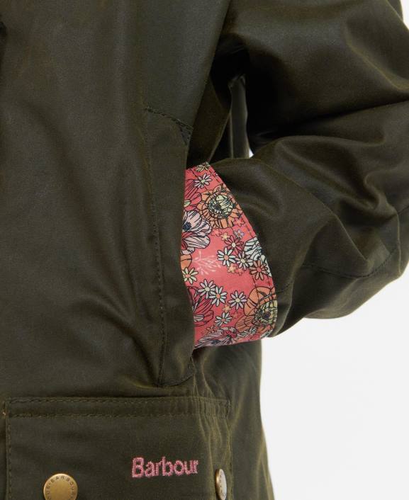 Girls Archive Olive/Retro Floral Barbour Acorn Waxed Jacket 40VB2542