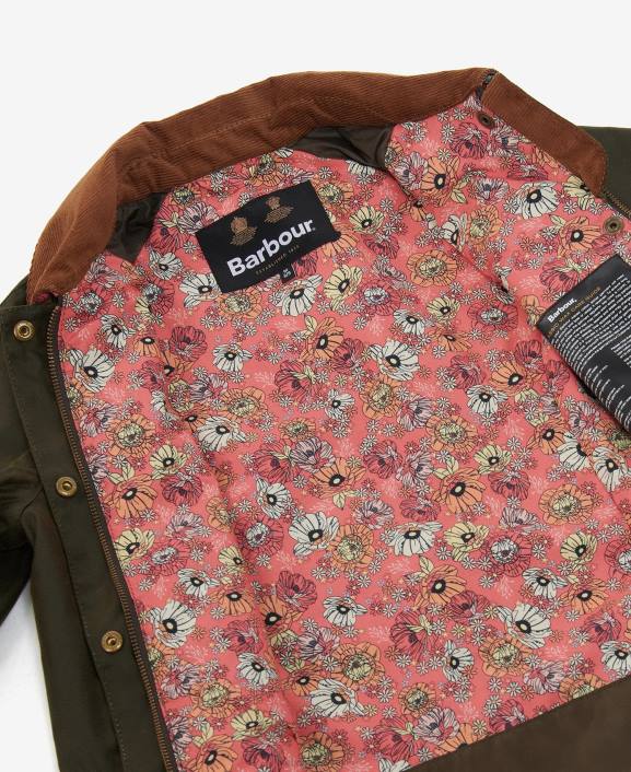 Girls Archive Olive/Retro Floral Barbour Acorn Waxed Jacket 40VB2542