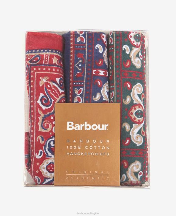 Men Red/Green/Navy Barbour Paisley Handkerchiefs Gift Box Set 40VB2352