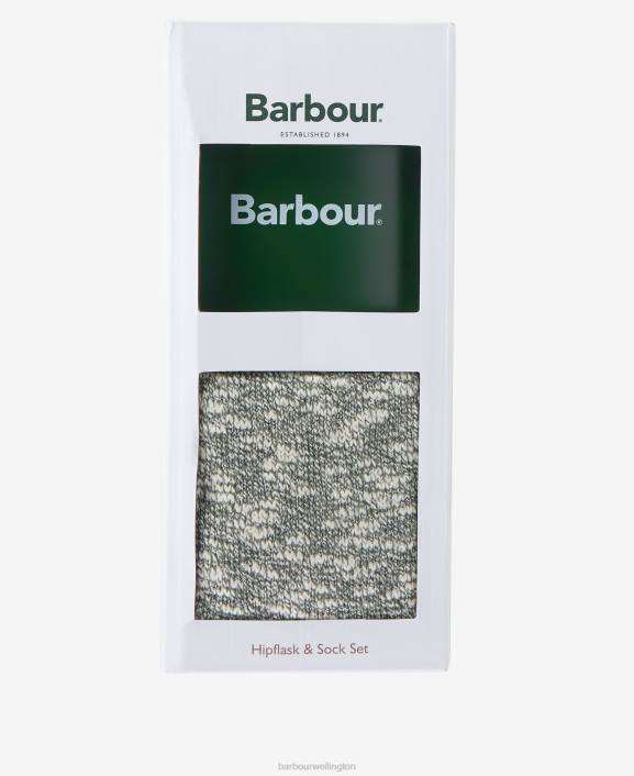 Men Green Barbour Hip Flask and Sock Gift Set 40VB2361