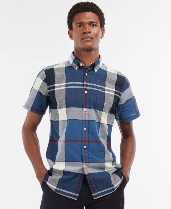Men Summer Navy Barbour Douglas Short Sleeve Tailored Shirt 40VB354