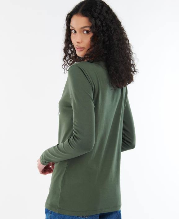 Women Olive/White Barbour Otterburn Long-Sleeve T-shirt 40VB1749