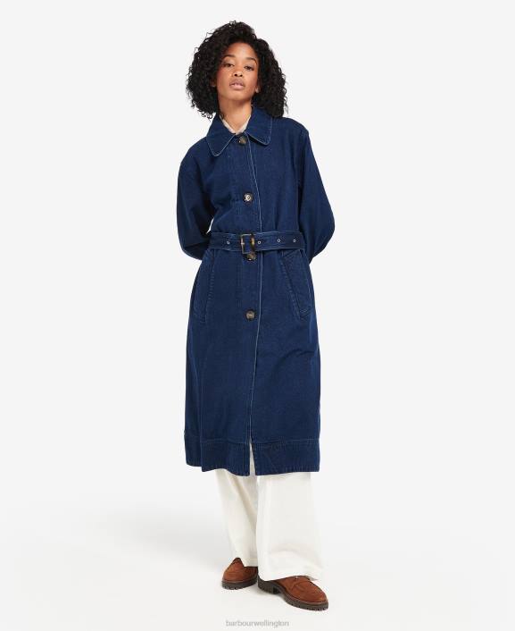 Women Dark Wash Barbour Denim Somerland Casual Trench Coat 40VB1527