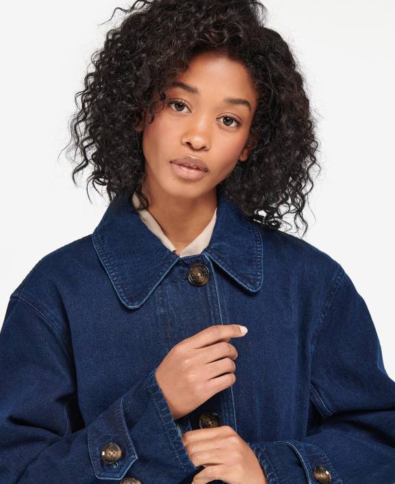 Women Dark Wash Barbour Denim Somerland Casual Trench Coat 40VB1527