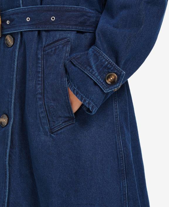Women Dark Wash Barbour Denim Somerland Casual Trench Coat 40VB1527